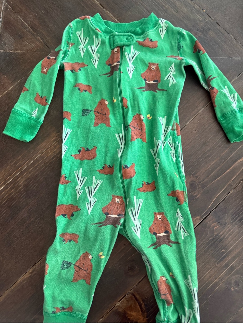 Hanna Andersson Green Bear Organic Cotton Romper 12/18 Month